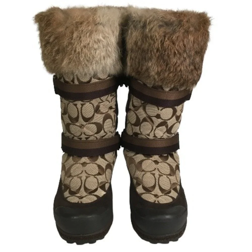 Coach Mariette Winter Snow Boot Sz 6M A7185 Signature Canvas Suede Fur Trim